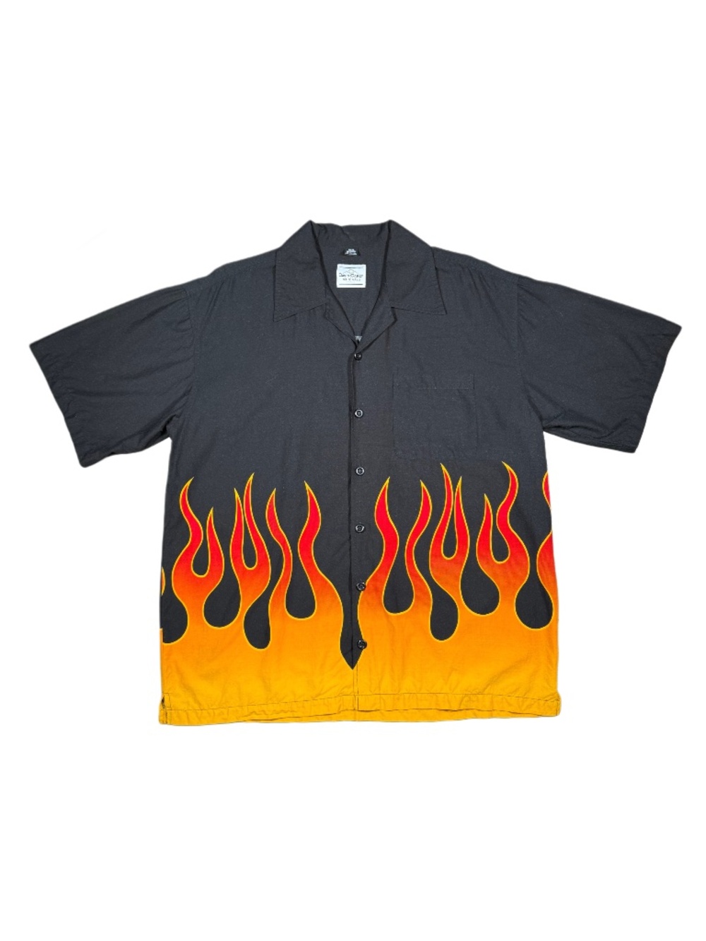 Y2K Skater Cyberpunk Black Button Down With Red And Orange Gradient Flame Print